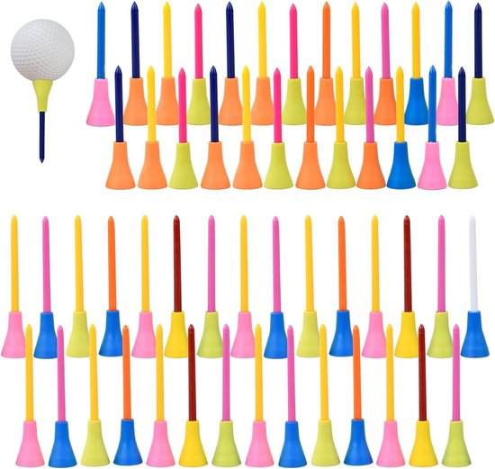Gekleurde golftees - Accessoires voor golf - Lang en onbreekbaar - Mix van rubber en kunststof - Set van 50 stuks, geschikt voor golfliefhebbers, in diverse maten, golfuitrusting voor familie