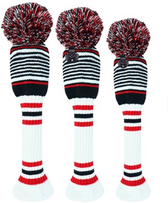 Golf Club Headcover Zwart-Wit-Rood- Knitted Wool - Golfclub Covers - Headcovers- Golf Spullen van Merkloos