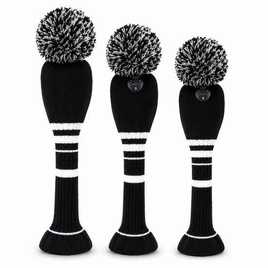 Golf Club Headcover Zwart-Wit Streep- Knitted Wool - Golfclub Covers - Headcovers- Golf Spullen