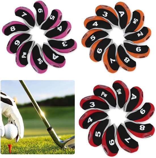 Golf Club Hood - 10 Stuks - Waterdichte IJzeren Kop - Putter Beschermhoes Set (Zwart - Rood + Nummer...) van Merkloos