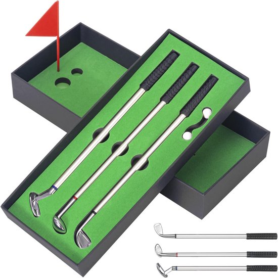 Golf Club Pen Set - Mini Golf Pen - Bureau Decoratie - 3 Kleuren Inkt - 24.5 cm - Zwart
