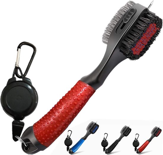 Golf Club Reiniger - Borstel Spike - Club Groef Schoonmaken - Dubbelzijdig Oversized Hoofd - Intrekbaar Clip - Rood van GOLF