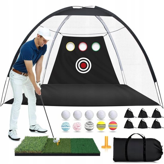 Golf Net - Golf trainer set - Golfmat - Golftrainingsmateriaal - 3x2m Driegaat Opvang - Kunstgrasmat & Duurzaam Nylon - Eenvoudig Opzetten - Incl. Accessoires - Voor Tuin & Buiten van Merkloos