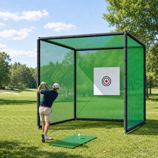 Golf Oefennet 300x300x300 cm - Grote Golf Trainingsnet Met Slagmat - Indoor Outdoor Golfnet Met Stalen Frame