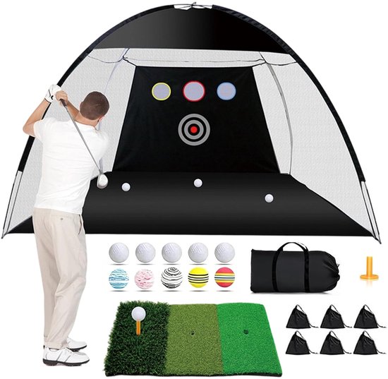 Golf Oefennet - 3x2 Meter - Met Kunstgrasmat - 10 Golfballen - Golf Tee - Grondpennen - Draagtas - Voor Swingtraining Thuis en Buiten