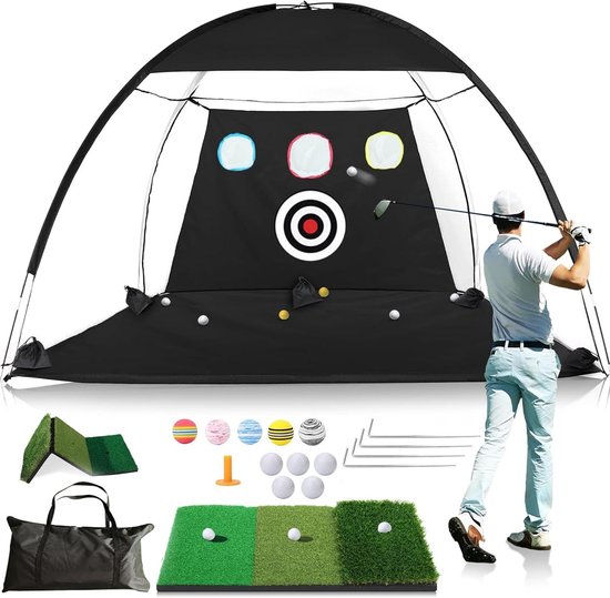 Golf Oefennet - Golf Trainingsset - Swing Verbeteren - Alles-in-één Kit - 3 x 2.1 meter - Zwart