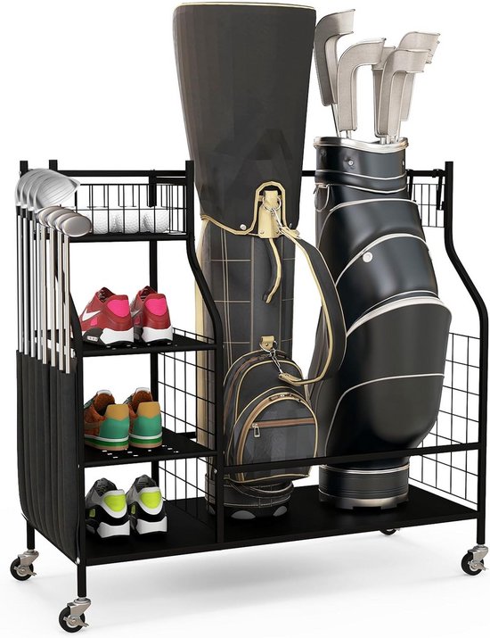 Golf opbergrek - Organizer voor 2 Golftassen, Clubs en Accessoires - Met Wielen