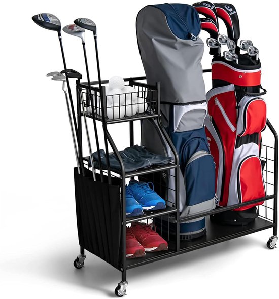 Golf Organizer - Golftasrek - Sportuitrusting Opbergen - Met Wielen en Haken - 95x40x94 cm - Zwart van Merkloos