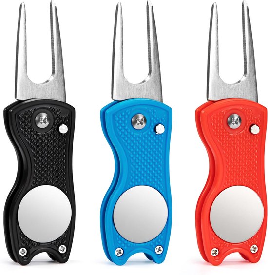 Golf Pitch Fork - 3 Stuks - Vouwbare RVS Divot Tool met Pop Up Button en Balmarker - Switchblade Reparatie Accessoires voor Buiten Club Sporten en Activiteiten van Merkloos