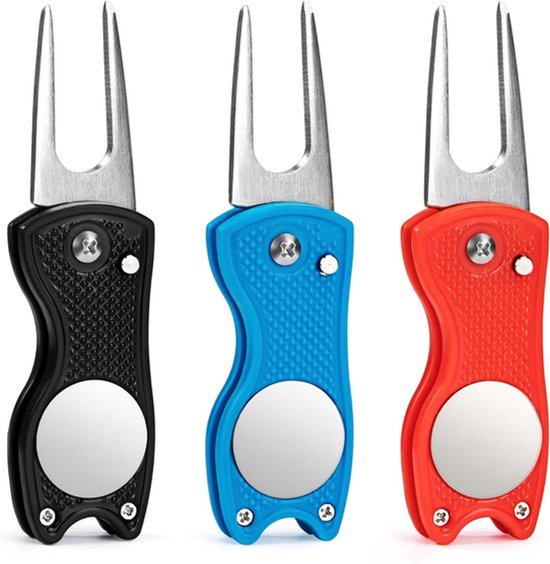 Golf Pitch Fork - 3 stuks - Vouwbare RVS divottool met uitklapbare knop en balmarker - Switchblade reparatie-accessoires voor buiten, clubsport en activiteiten