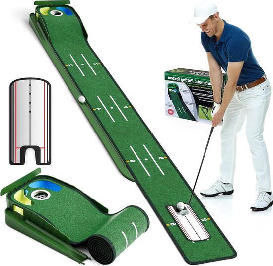 Golf Putting Green - Golf Trainingsmat - Golf Oefenen - Automatische Bal Terugkeer - 283 cm Lengte - Groen