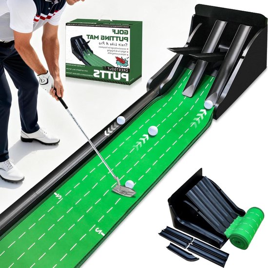 Golf Putting Mat (250 cm × 35 cm), groen voor binnen, mat met balterugkeer en 4 gaten, trainings- en oefenhulp thuis of op kantoor, geschenkaccessoires voor mannen