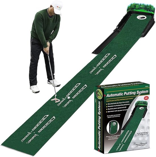 Golf Putting Mat - Incl. Terugkeersysteem - Uitlijningsgeleider en antislip onderzijde – Putting training voor thuis of op kantoor - 30 x 260 cm van Merkloos