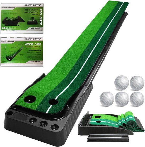 Golf Putting Mat - Indoor Golf Course - Oefenen Thuis - Automatische Bal Retour - 2.5 Meter Lang - Groen