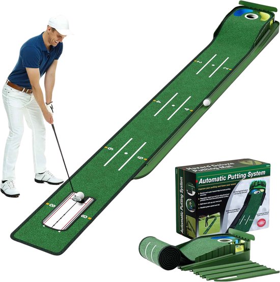 Golf Putting Mat met Automatische Balretour – Professionele Golf Oefenmat voor Thuis & Kantoor – Incl. Trainingslijnen & Ball Return Systeem van Merkloos
