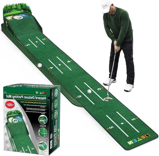 Golf Putting Mat - Oefenmat Golf - Golfvaardigheden Verbeteren - Met Bunker en Waterhindernis - 9 voet lang - Groen