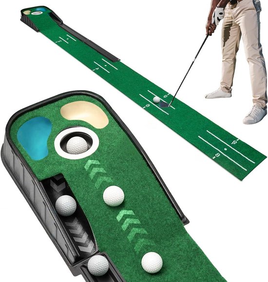 Golf Putting Mat - Putting Green - Indoor Golf Training - Automatische Bal Terugkeer - 275 x 34 cm - Groen