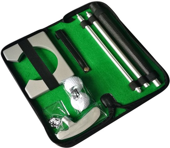 Golf putting oefenset, inclusief leren tas, driedelige combinatiehengel, puttingkop, bal en doel van Merkloos