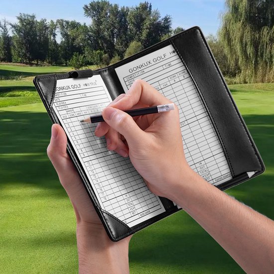 Golf scoreboek met klavertjevier reliëf - zwart leren geluksboekje van Merkloos