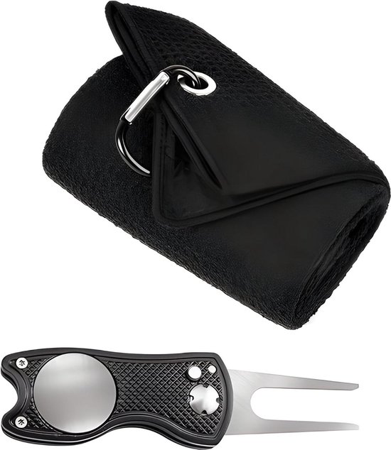 Golf Set Handdoek Pitchfork - Golf Accessoires - Baanonderhoud en Reiniging - 2-in-1 Divot Tool - Met Clip Karabijnhaak - Gestreept van GOLF