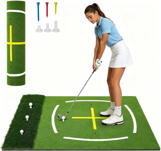 Golf Slagmat met Kruislijn, 152×121×4,5 cm Dubbel Gras Golf Oefenmat, Antislip EVA Kunstgras Trainingsmat voor Binnen en Buiten van GOLF