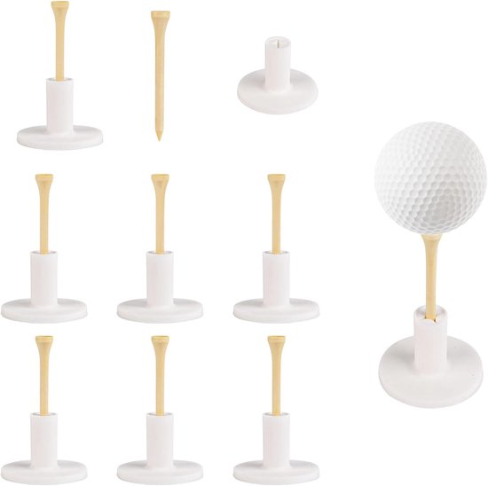 Golf Tee Houder Set met 8 Rubber Golf Tees en Houten Ball Spikes voor Indoor en Outdoor Gebruik, Ideaal voor Driving Range en Trainers