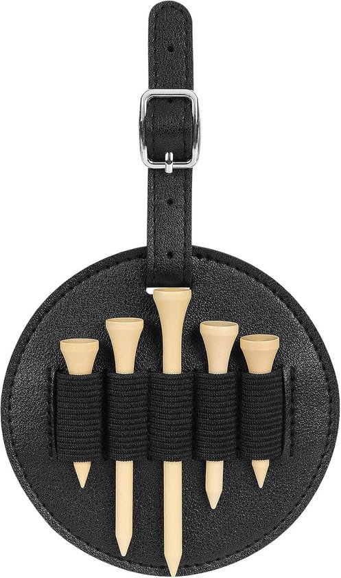 Golf Tee Houder - Zwart Leren Taslabel met 5 Houten Tees - Draagbare & Duurzame Golf Accessoire - Perfect Cadeau voor Mannen - Opbergorganizer voor Golfzak van Merkloos