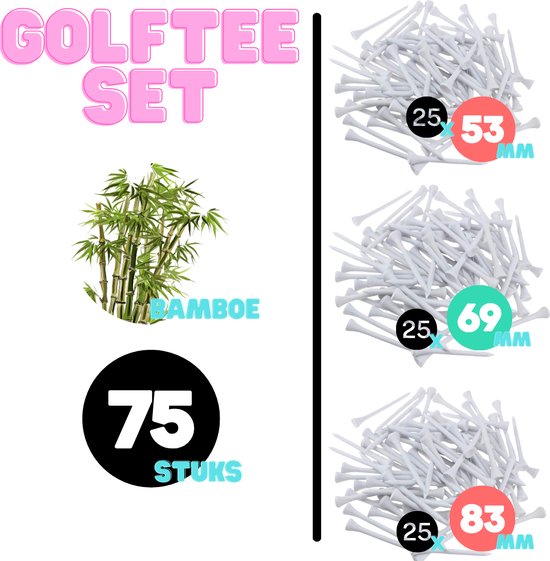 Golf tees hout - 75 delige set - 25 x 53mm / 25 x 69mm / 25 x 83mm - Wit - Golf accesoires - Golfset - Golftees - Golftee - Golfaccesoires - Golf cadeau - Golf tee set - Golf set van Merkloos