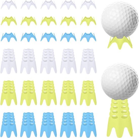- Golf Tees - Kunststof - Lang en Kort - Golfsimulator - Binnen en Buiten - Oefen - Geschikt voor Golfmat - Blauw, Wit, Geel - Sportman Golfliefhebbers Beginners - 30 stuks