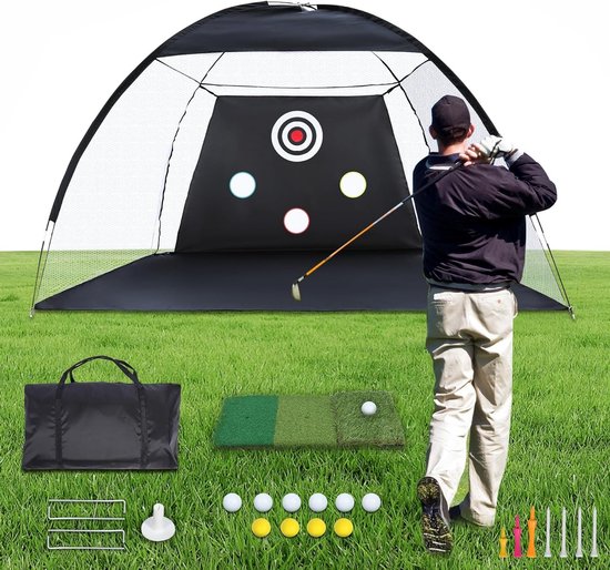 Golf Trainingsnet 10 x 7 m met Boksmat voor Binnen en Buiten, Inclusief Meerdere Doelen, Draagtas, 10 Ballen en 7 Tees voor Verbetering van Golfvaardigheden