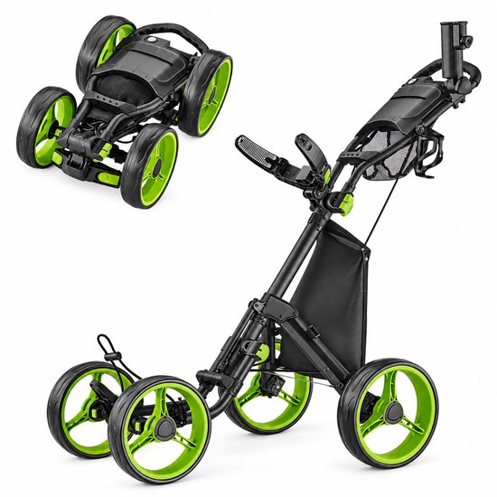 Golf Trolley 4 Wielen – Opvouwbaar – Verstelbare Handgreep & Voorwielen – Voetrem – Paraplu-, GPS- & Drinkhouder