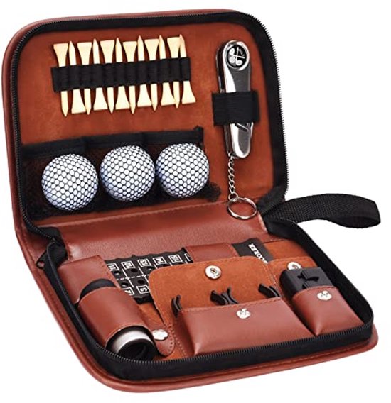 Golfaccessoirekit, golfballen, afstandsmeter, golftee, borstel, multitool met groef, scorebord, golfclip
