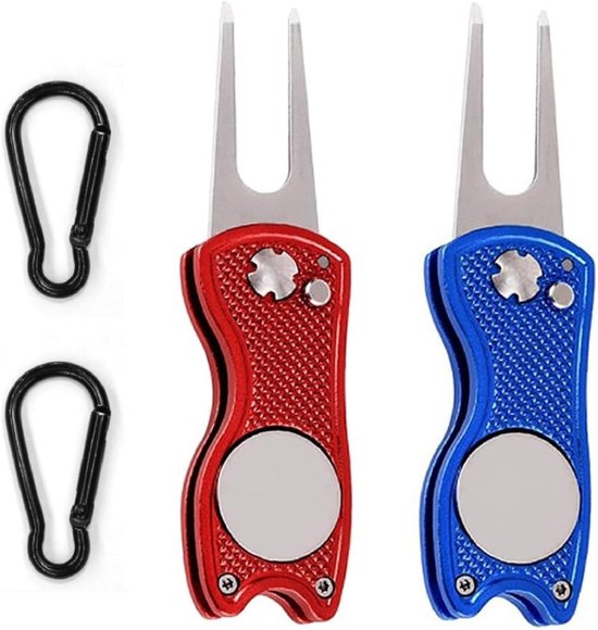 Golfaccessoires: 2-delige opvouwbare pitchfork met karabiner, multifunctionele divot tools van roestvrij staal voor het repareren van greens