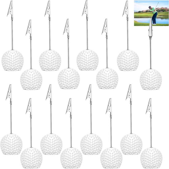 Golfbal Kaarthouder - Tafelnummerhouder Naamhouder - Feestdecoratie Menu Presentatie - Stevige Krokodillenclip Harsbasis - 12.2 cm Hoogte - Wit