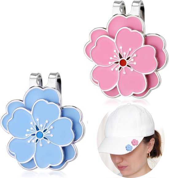 Golfbal Marker - Golf petclip met marker - 2 stuks - Bloemvormige golf accessoire voor op de pet - Magnetische Bevestiging - Blauw Roze