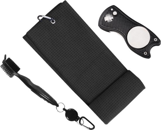 Golfballen Handdoek - Golf Accessoires Set Golf Handdoek + Golf Pitchfork + Golf Borstel - Zwart - Cadeau Set van Merkloos