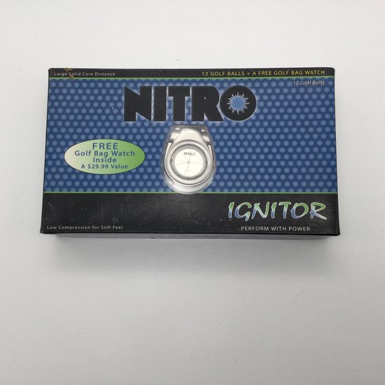 Golfballen 'Nitro ignitor' 12 (4 x 3) witte golfballen met gratis horloge ( om aan de golftas te hangen) in doos van Nitro