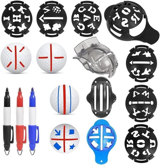 Golfbalmarkeerder set - 12 stuks met golfballijntekening - golfbalcoating - uitlijningsgereedschap - 6 sjablonen - 3 ballen - 3 markeringen