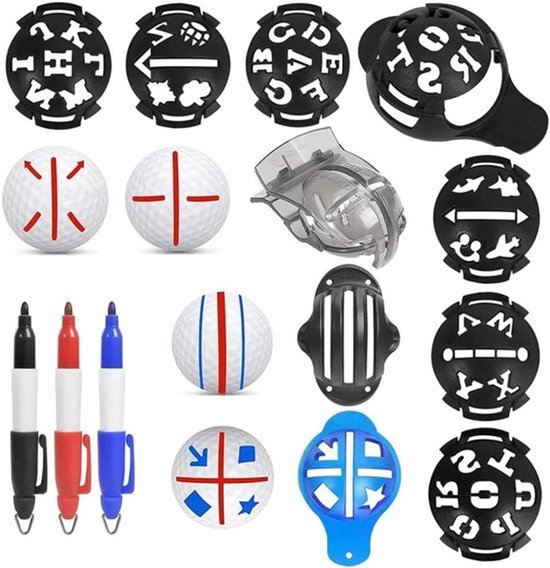 Golfbalmarkering Set met Golfballijntekening en Uitlijningsgereedschap - 12 stuks, 6 sjablonen, 3 ballen