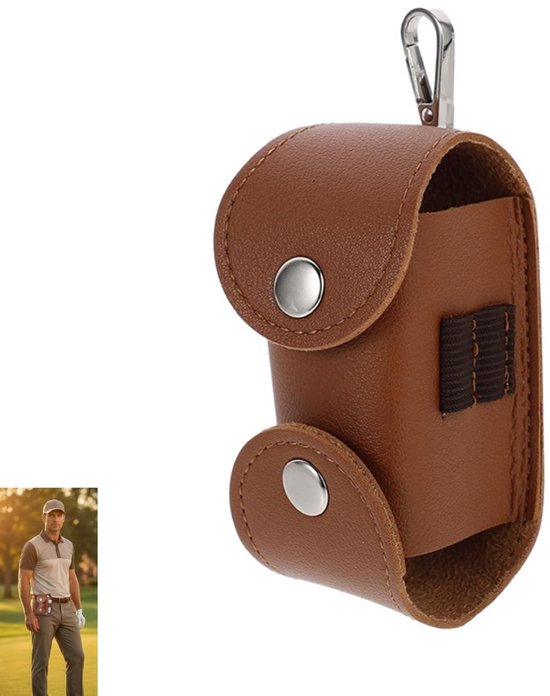 Golfbaltas - Professionele leren golfbalhouder - golfbaltasje van PU-leer - met haak - voor heren en dames - geschikt voor golfers en liefhebbers van buitensporten - bruin - 4.5×5×9cm van Merkloos
