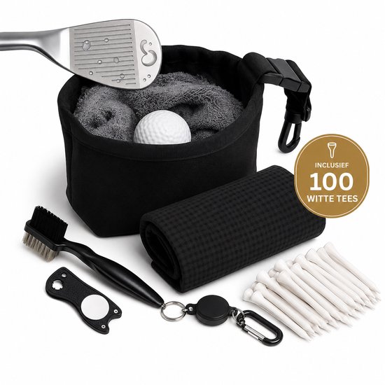 GolfClean Pro Set Compleet - Complete Reinigingsset Voor je Golfuitrusting- Golf Accessoires - Golf Handdoek + Golf Borstel + Pitchfork + 100 Witte Golf Tees - Zwart - Cadeau Set