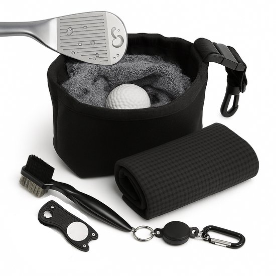 GolfClean Pro Set – Complete Reinigingsset Voor je Golfuitrusting- Golf Accessoires - Golf Handdoek + Golf Borstel + Pitchfork - Zwart - Cadeau Set van GolfHandicaps.