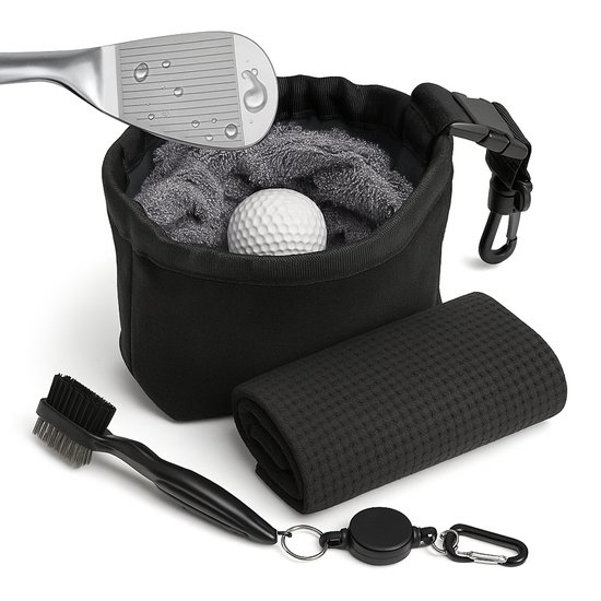 GolfClean Pro Set - Complete Reinigingsset Voor je Golfuitrusting- Golf Accessoires - Golf Handdoek + Golf Borstel - Zwart - Cadeau Set van Golfviking