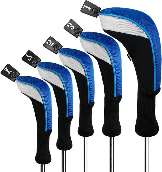 Golfclubhoezen - Hout beschermers - Club bescherming - Verwisselbare nummers - 5 stuks - Blauw