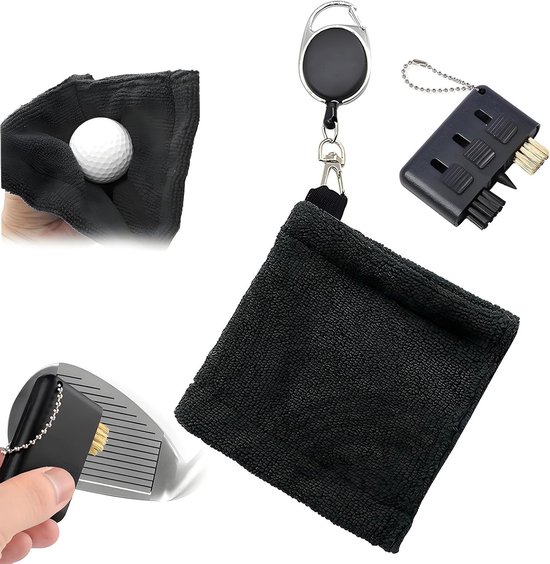 Golfhanddoek en Borstelset, Zwarte Handdoek met Schaalbare Carabiner Clip en Clubborstel, Essentiële Golfaccessoires voor Training, Sport en Buitenactiviteiten