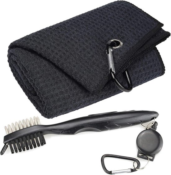 Golfhanddoek - Microvezel - Wafelpatroon Drievoudig - Gereedschapsset - Groefreiniger met intrekbaar snoer en clip voor mannen en vrouwen, Golfcadeau