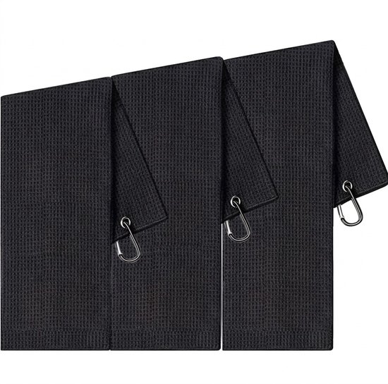 Golfhanddoek set 3 stuks zwart microvezel golfhanddoek unisex wafelstructuur sneldrogend superabsorberend 30 x 50 cm met ophanghaak machinewasbaar geschikt voor golfbag pickleball en bowling