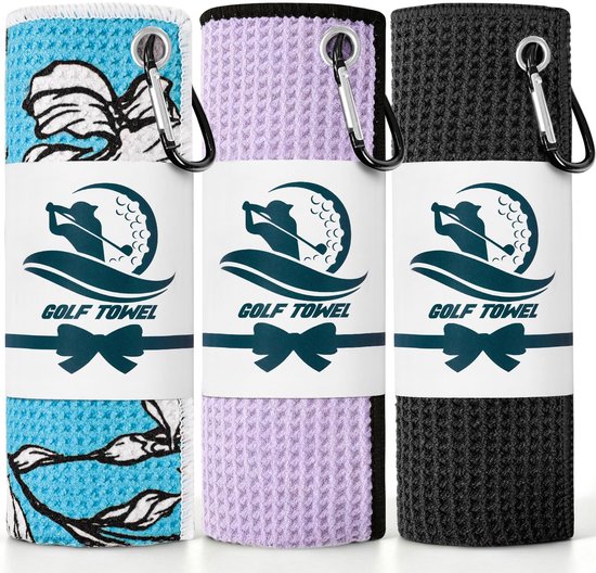 Golfhanddoeken 3 Pack - Microfiber Wafel Patroon - Tri-Fold 16"x16" - Sneldrogend met Heavy Duty Clip - Luxento