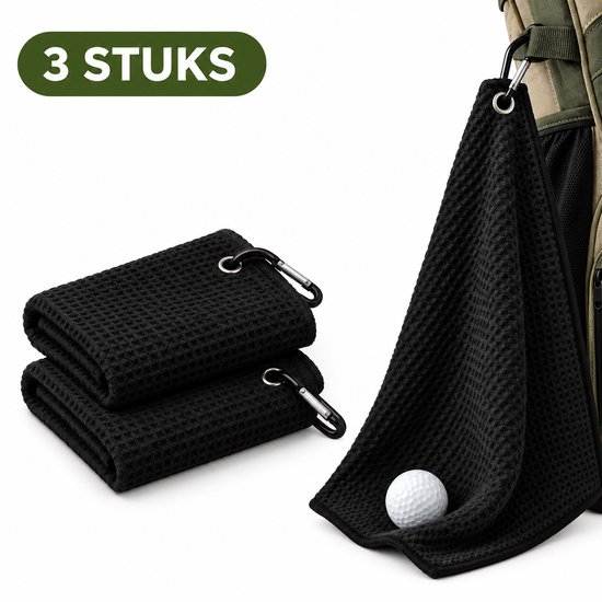 Golfhanddoeken Microvezel - 3 Stuks - 30 x 50 cm - Met Karabijnhaak - Voor Golftas en Golfclubs