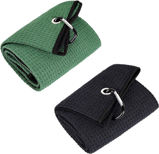 Golfhandtuch - Microfaser Handtuch - 40x40 Cm Wafelstructuur - 2 Stuks - Voor Golf En Sport Zwart+Groen van Merkloos